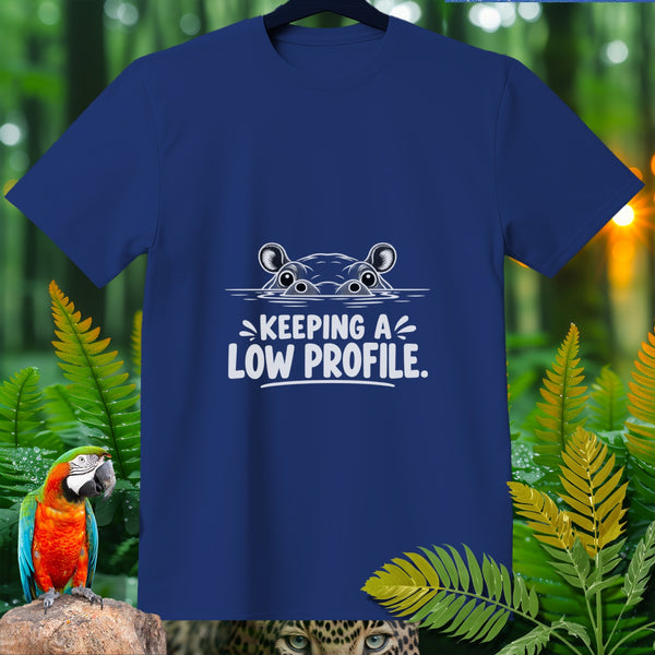 Navy t-shirt with a hippo graphic and the text "Keeping a Low Profile".
