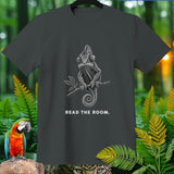 Dark gray t-shirt with chameleon illustration and text 