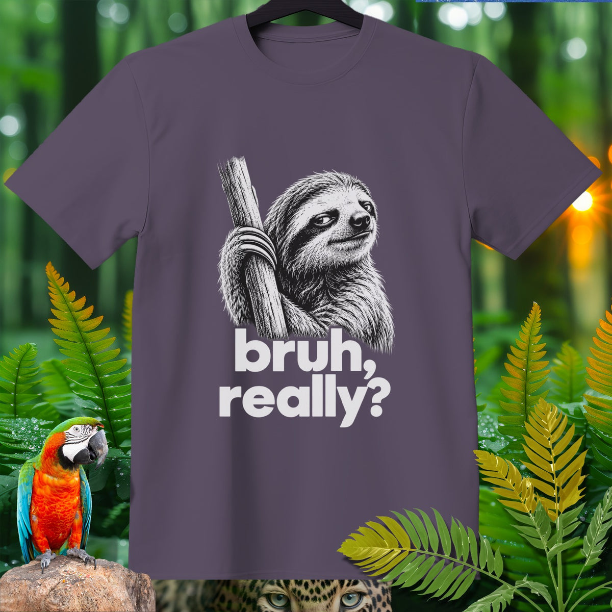 Grape t-shirt with sloth graphic and text "bruh, really?".
