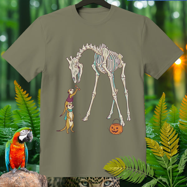 Skeleton giraffe, meerkats, and jack-o'-lantern graphic on a khaki t-shirt.