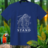 Navy blue t-shirt with white bison graphic and text 