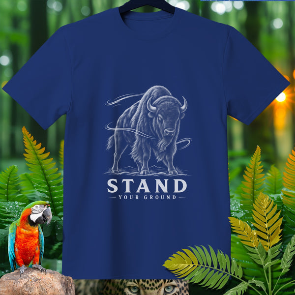 Navy blue t-shirt with white bison graphic and text "STAND YOUR GROUND".