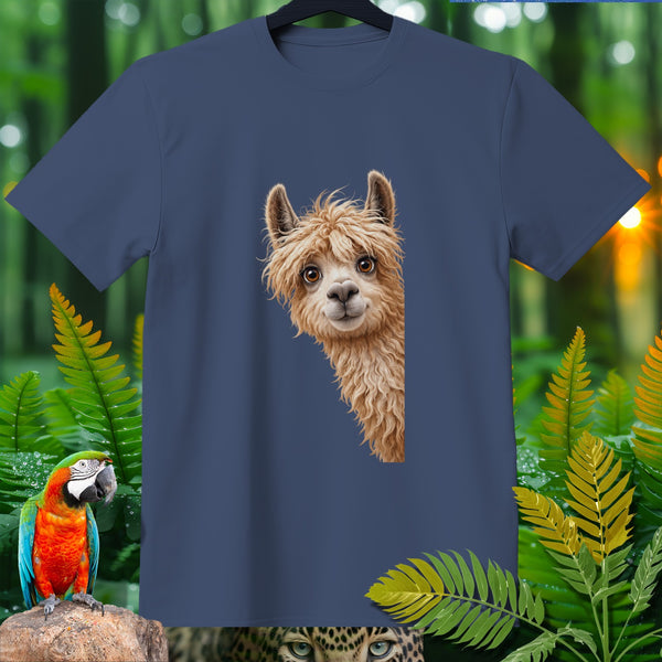 Blue t-shirt with a peeking llama illustration surrounded by jungle foliage and a macaw.