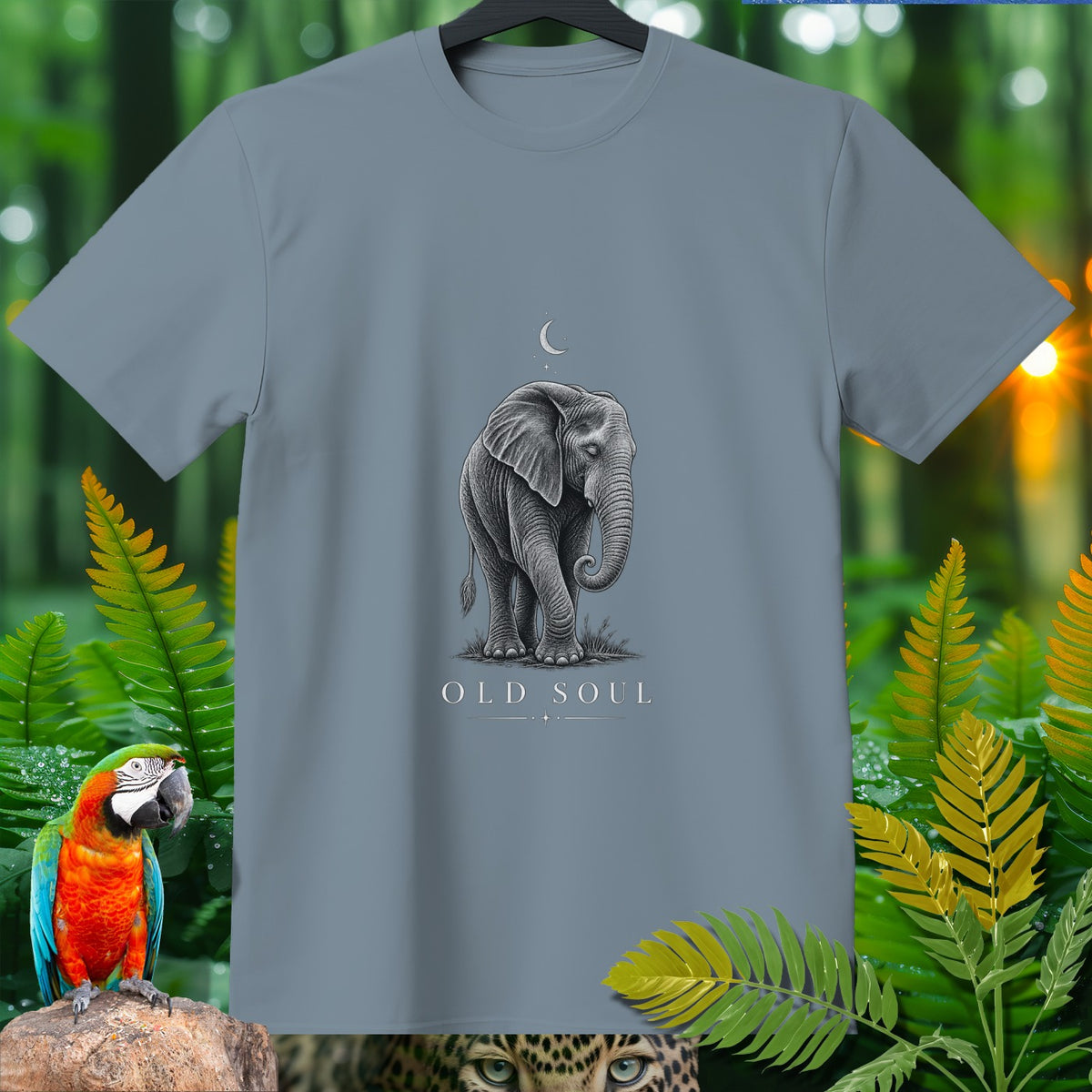Grey t-shirt with an elephant illustration and the text "OLD SOUL".