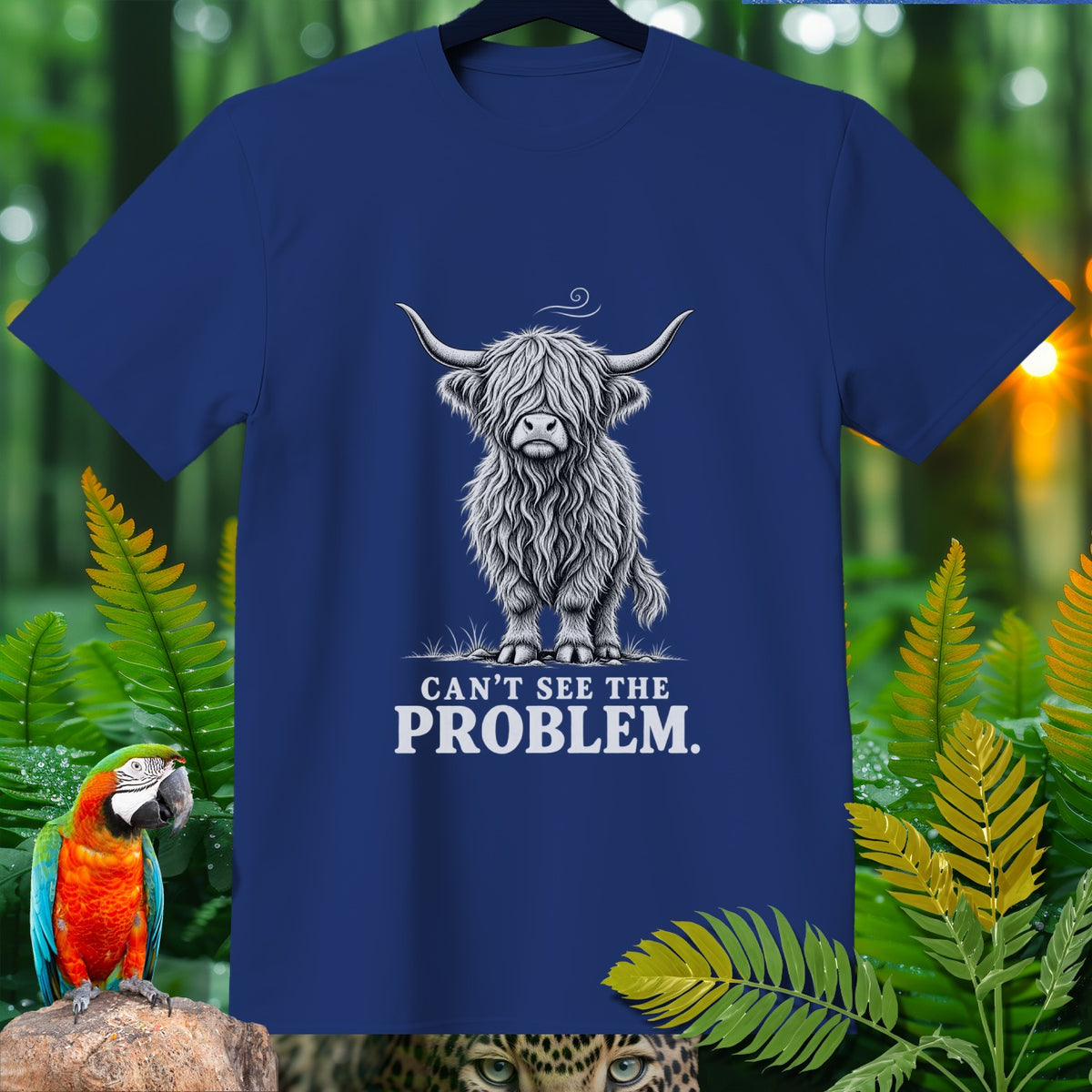 Dark blue t-shirt with a Highland cow graphic and text "Can't See The Problem".