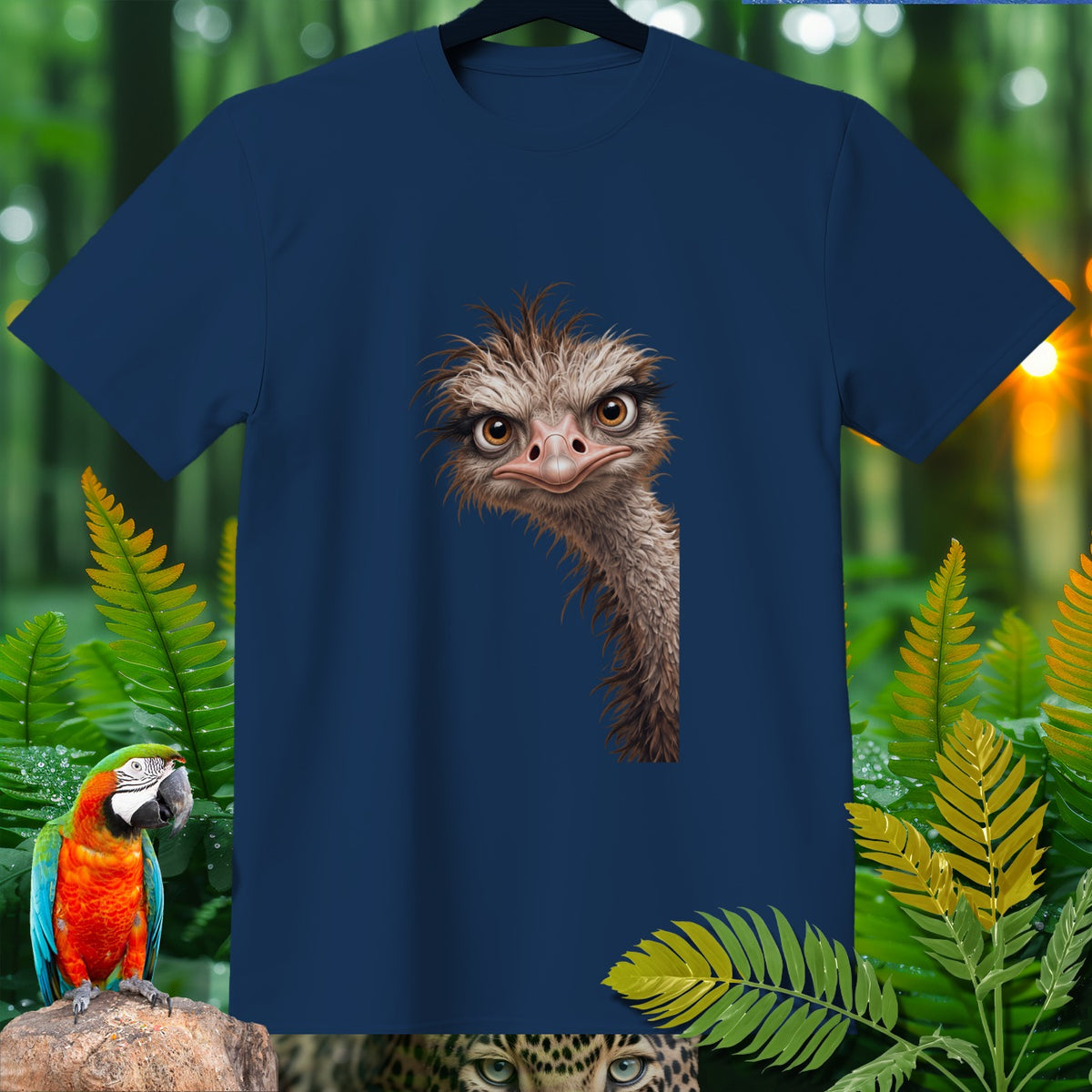 Navy t-shirt with a cartoon ostrich head peeking from the side.