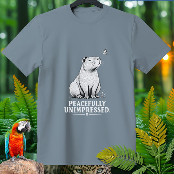 Capybara with butterfly graphic and "Peacefully Unimpressed" text on a gray t-shirt.