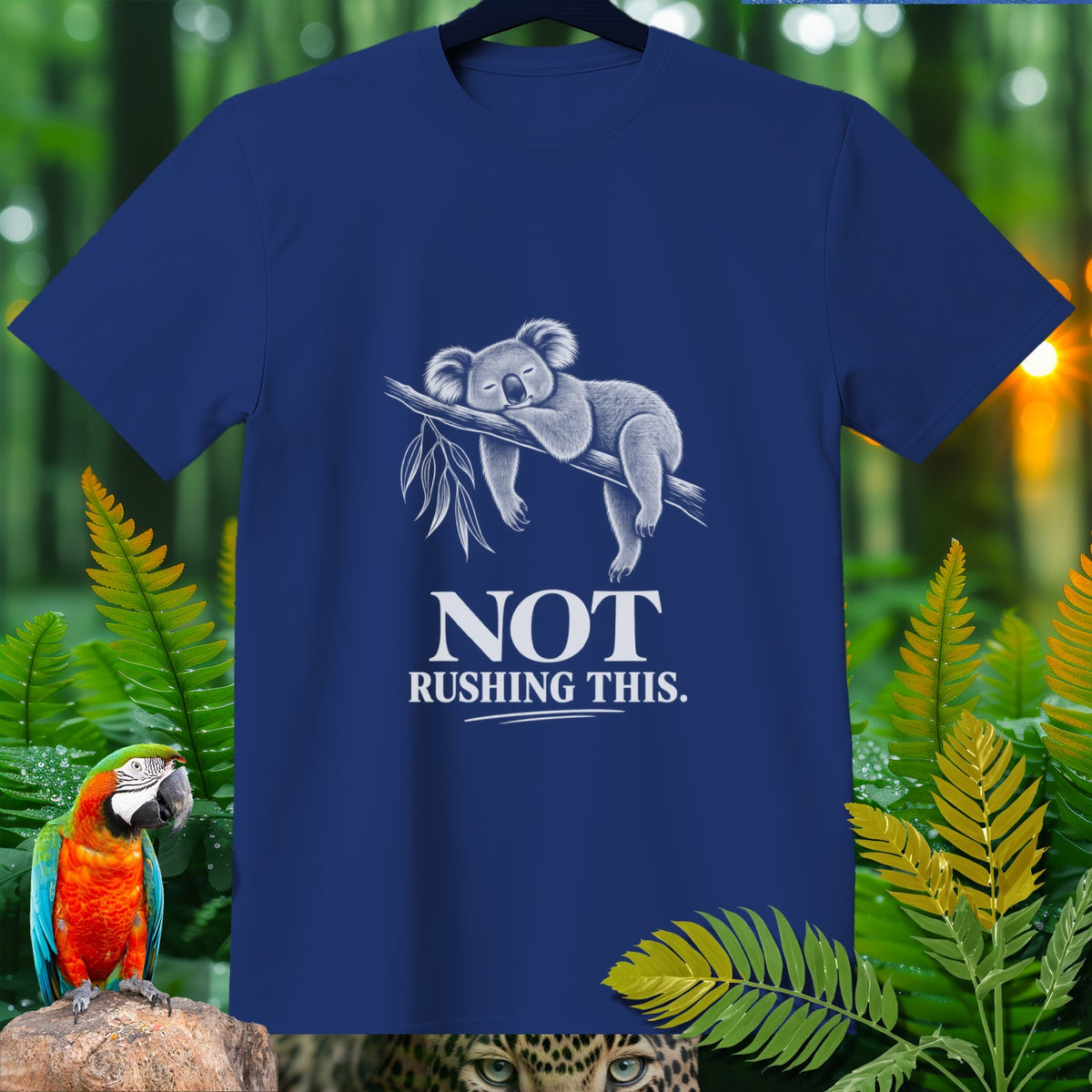 Blue t-shirt with a sleeping koala and text "NOT RUSHING THIS."