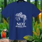Blue t-shirt with a sleeping koala and text 