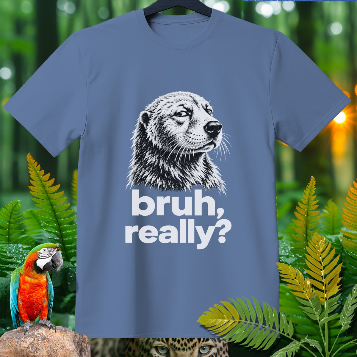 Blue t-shirt with a black and white drawing of a dog and text "bruh, really?".
