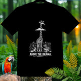 Black t-shirt with a cartoon giraffe above clouds with other animals and text 