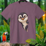 Purple t-shirt with a cartoon penguin peeking from the side.