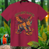 Red t-shirt with winged rhino smashing pumpkins, text 