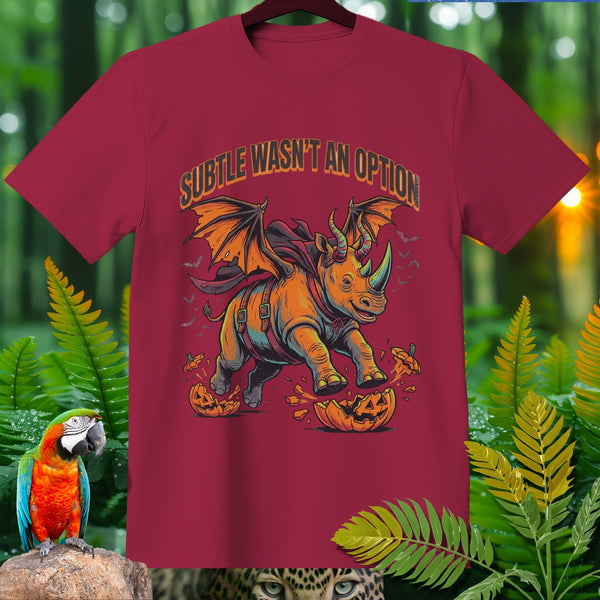 Red t-shirt with winged rhino smashing pumpkins, text "SUBTLE WASN'T AN OPTION".