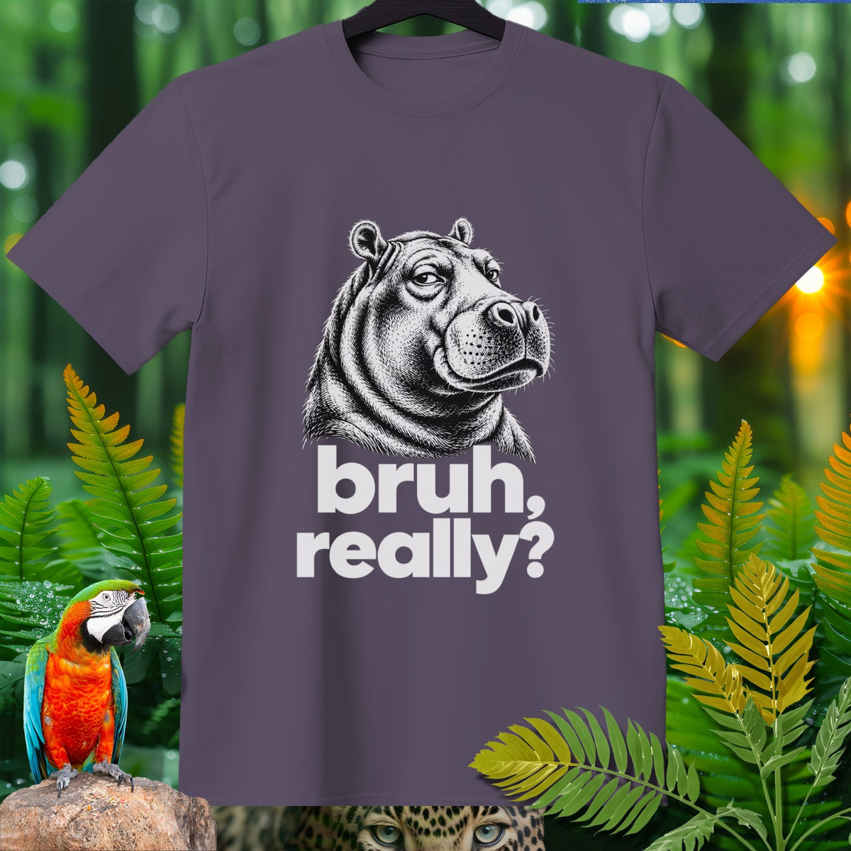 Purple t-shirt with a black and white illustration of a hippo and the text "bruh, really?".