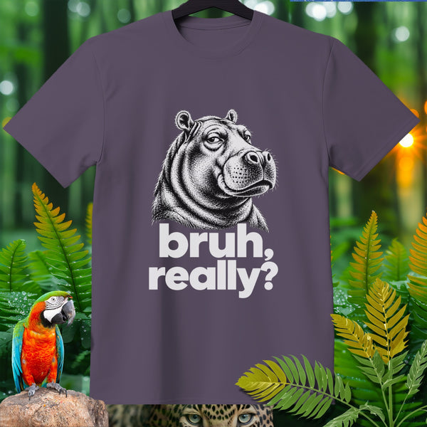 Purple t-shirt with a black and white illustration of a hippo and the text "bruh, really?".