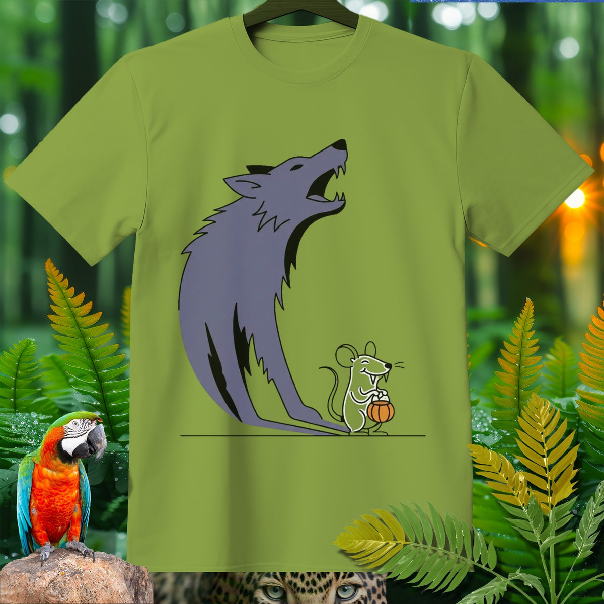 Green t-shirt with illustration of a howling wolf and a mouse holding a pumpkin.
