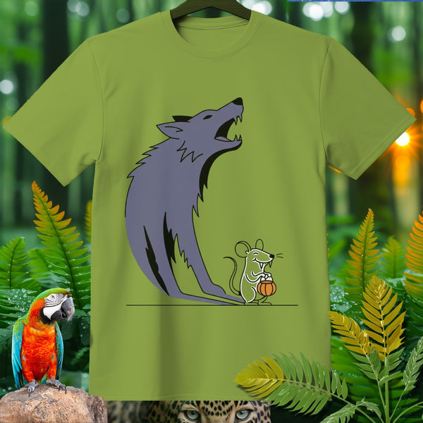 Green t-shirt with illustration of a howling wolf and a mouse holding a pumpkin.