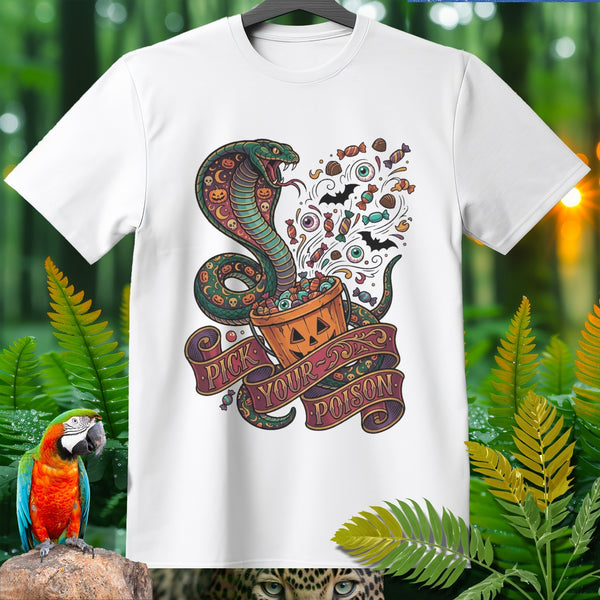 Snake with Halloween candy and "Pick Your Poison" text on a white t-shirt.