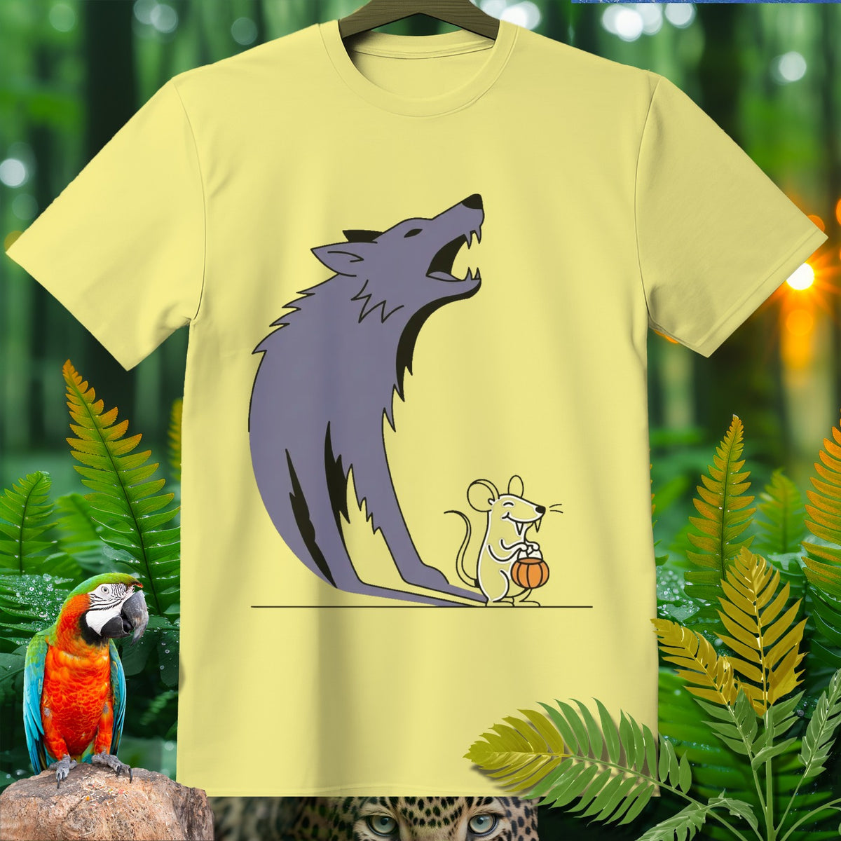 Yellow t-shirt with a cartoon wolf howling next to a mouse holding a pumpkin.