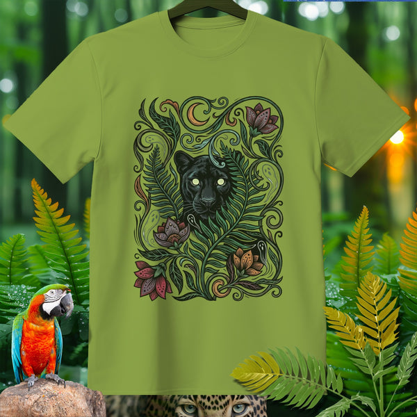 T-shirt with black panther, foliage, flowers, crescent moon, and subtle ghost figures.
