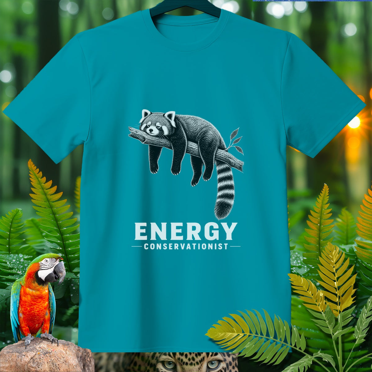 Teal t-shirt with a red panda napping on a branch, text "ENERGY CONSERVATIONIST".