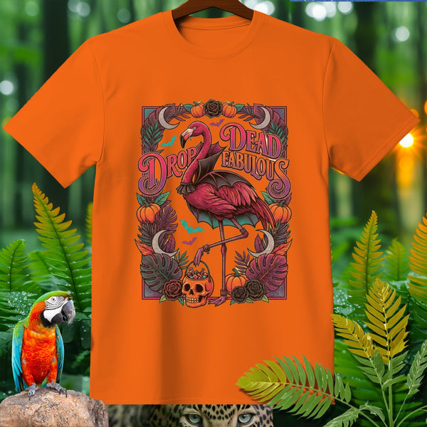 Orange t-shirt with flamingo graphic that reads "Drop Dead Fabulous" for Halloween.