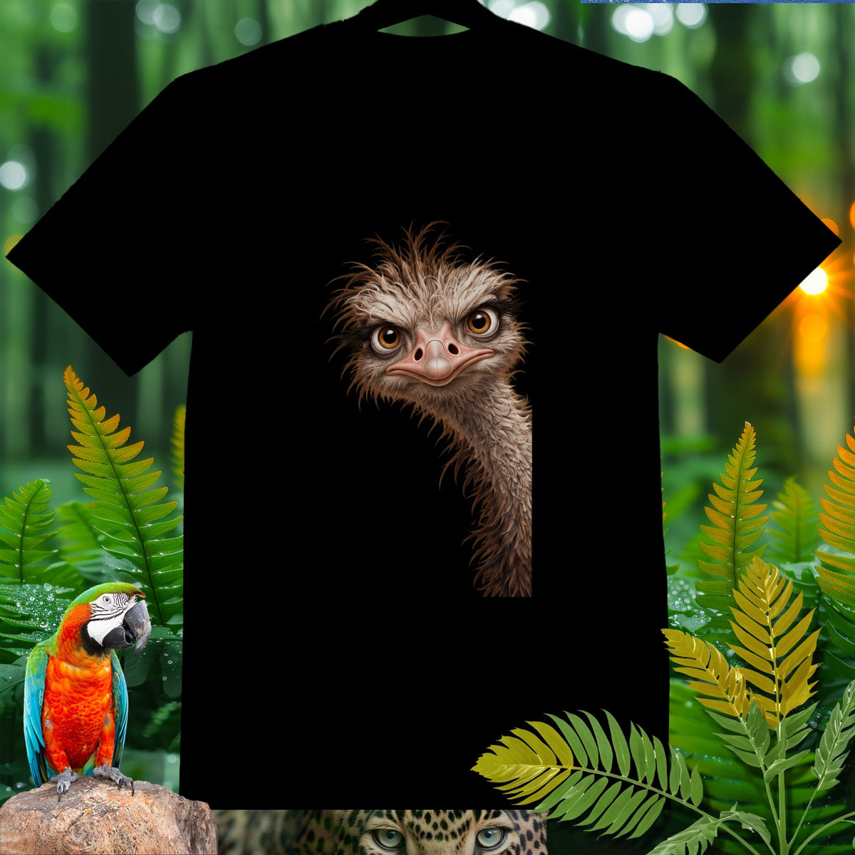 Black t-shirt with a close-up of an ostrich head graphic on the front.