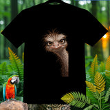 Black t-shirt with a close-up of an ostrich head graphic on the front.