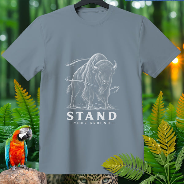 Gray t-shirt with white bison graphic and text "STAND YOUR GROUND".