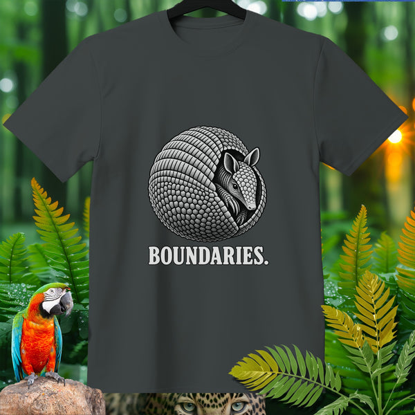 Dark grey t-shirt with an armadillo design and "BOUNDARIES." text.