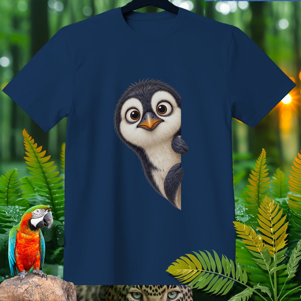 Navy blue t-shirt with a cartoon penguin peeking from behind.