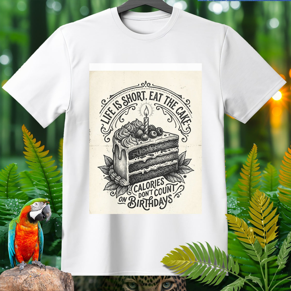 White t-shirt graphic featuring a slice of cake and text "Life is short, eat the cake. Calories don't count on birthdays."