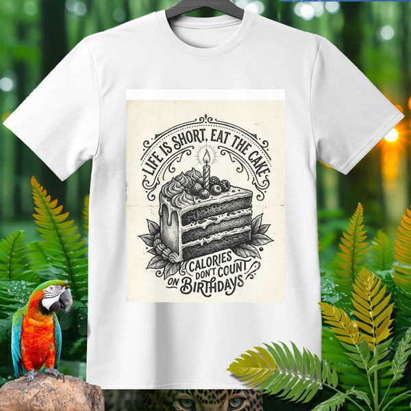 White t-shirt graphic featuring a slice of cake and text "Life is short, eat the cake. Calories don't count on birthdays."