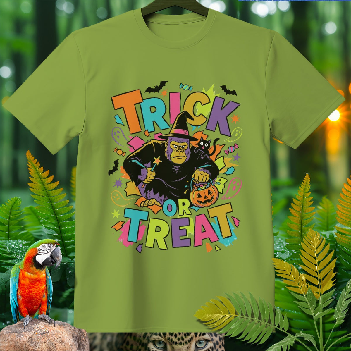 Gorilla in witch hat with "Trick or Treat" text and Halloween elements.