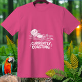 Pink t-shirt with white graphic of otter and text 