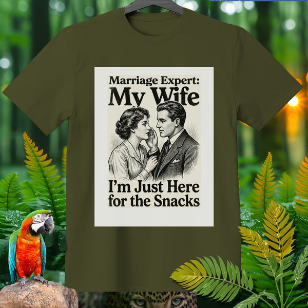 Green t-shirt with "Marriage Expert: My Wife I'm Just Here for the Snacks" graphic.