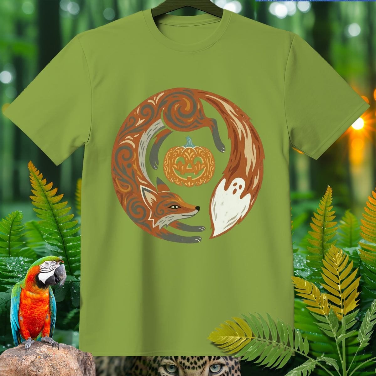 Green t-shirt with circular design of fox, pumpkin, and ghost.