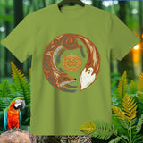 Green t-shirt with circular design of fox, pumpkin, and ghost.
