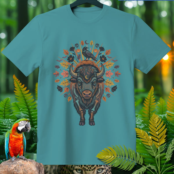 Teal t-shirt with a central dark buffalo illustration surrounded by autumn leaves, a crow, and skulls.