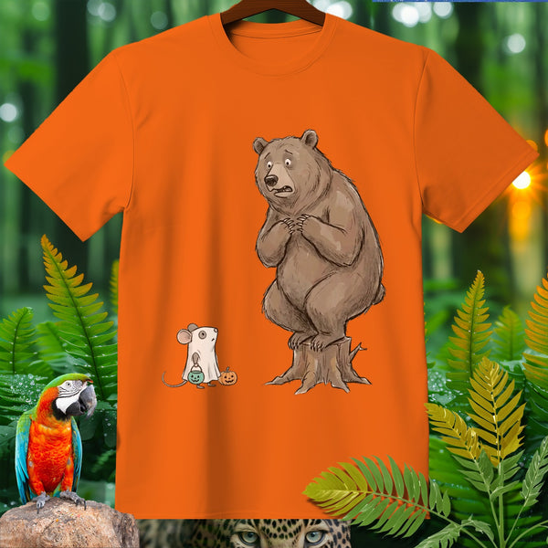 Orange t-shirt featuring a scared bear on a stump and a mouse in a ghost costume.