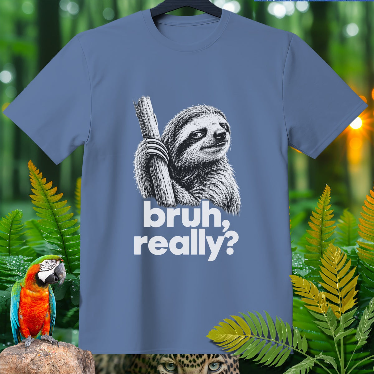 Sloth graphic with "bruh, really?" text on a blue t-shirt, jungle background.