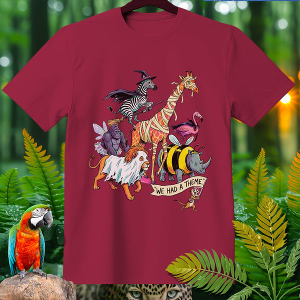 T-shirt with cartoon animals in costumes: zebra witch, mummy giraffe, lion ghost, bee rhino, and fairy gorilla.