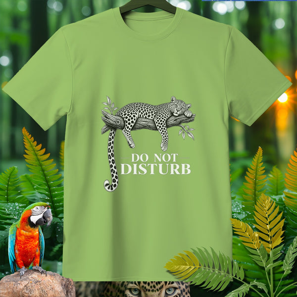 Light green t-shirt with a sleeping leopard and "Do Not Disturb" text.