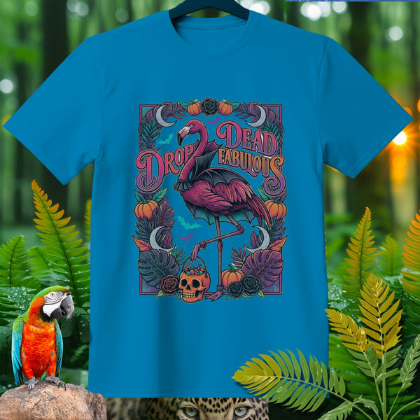 Turquoise t-shirt with pink flamingo graphic saying "Drop Dead Fabulous".