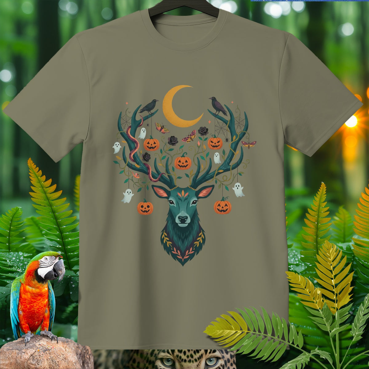 T-shirt with a Halloween-themed deer graphic, moon, pumpkins, and ghosts.