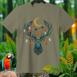 T-shirt with a Halloween-themed deer graphic, moon, pumpkins, and ghosts.