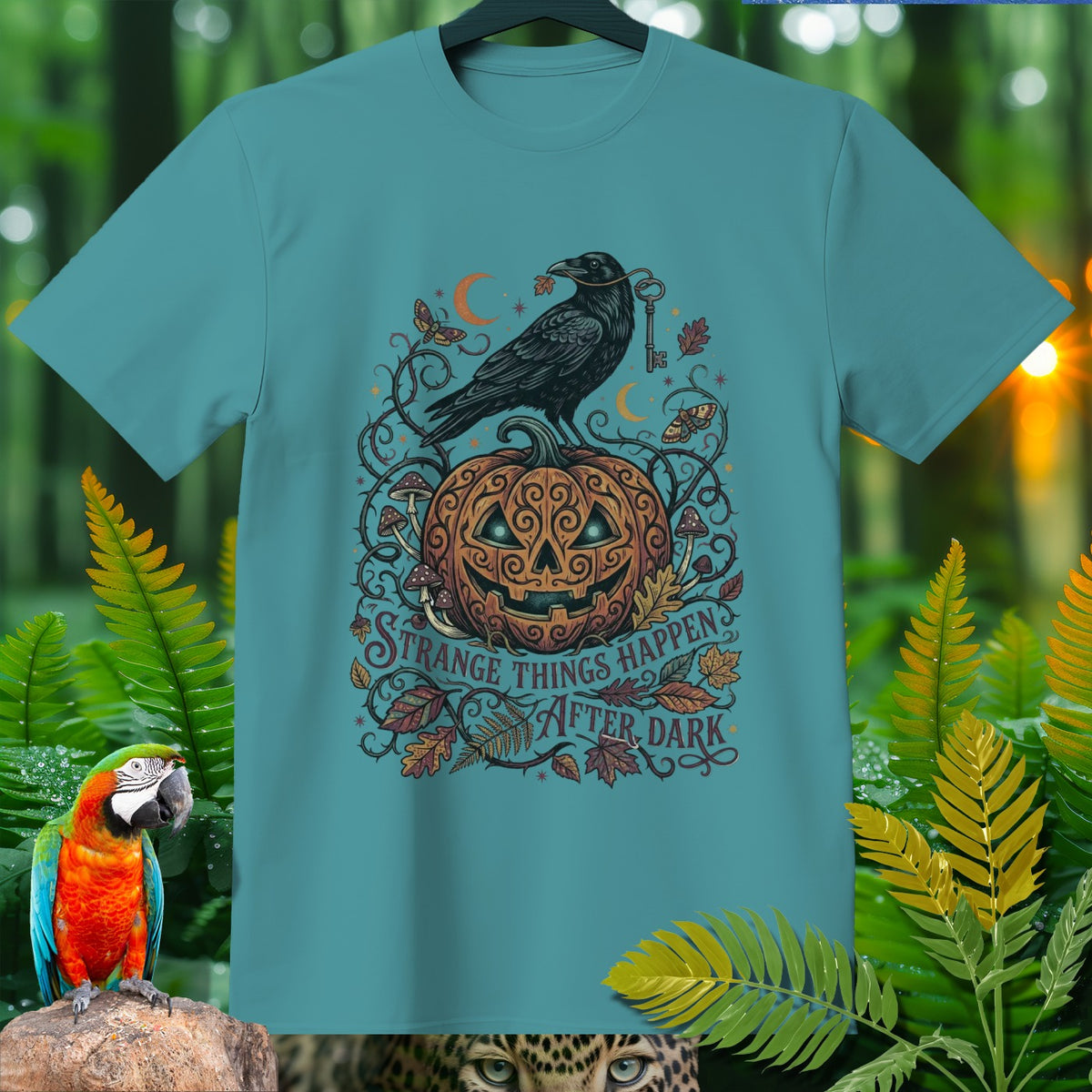 Teal t-shirt with Halloween graphic of raven, pumpkin, and text.