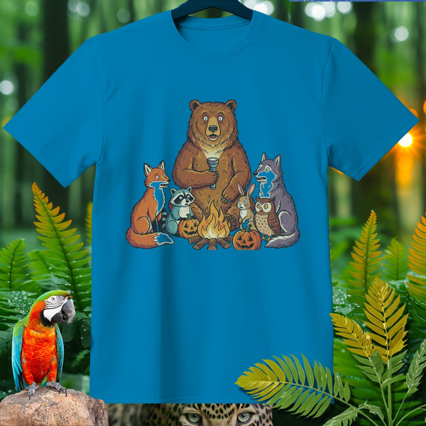 Cartoon animals including a bear, fox, raccoon, and owl sit around a campfire.