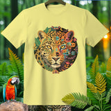 Yellow t-shirt with a circular design featuring a leopard's face decorated with floral, skull, and moth motifs.